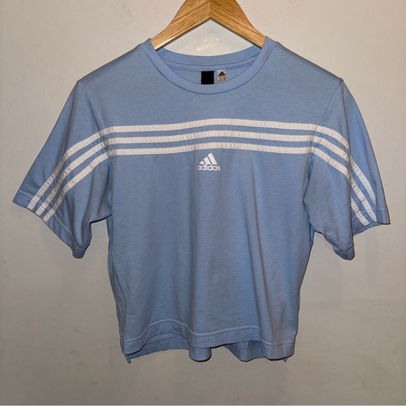 Adidas Must Haves Sky Blue Three Stripe T-shirt Women’s Size Extra Small - Picture 1 of 9
